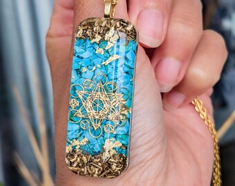 Orgonite Metatron Turquoise pendant from Arizona gold rectangle