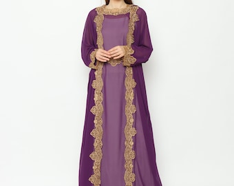 Damska sukienka druhna Kaftan Maxi sukienka z kapturem w regularnym rozmiarze Kaftan fioletowa, złota haftowana sukienka dubaj złoty haft śl