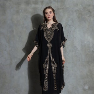 Black Kaftan One Size Plus Dress Kaftan Lounge Dress Casual Dress Beach Caftans For Women Boho Kaftan Dress Embroidered Caftan