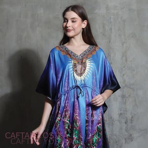 Blue Caftan Floral Dress Vacation Cruise Trip, Holiday Caftans Resort Robe Beach Wear, Blended Silk Kaftan Very Beautiful