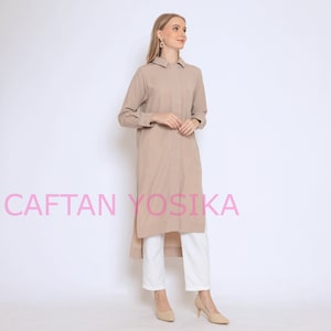 Light brown tencel cotton fabric long dress / Summer Blouses Dresses For Women / Collared dresses / Summer Day Dresses / Long sleeves dress