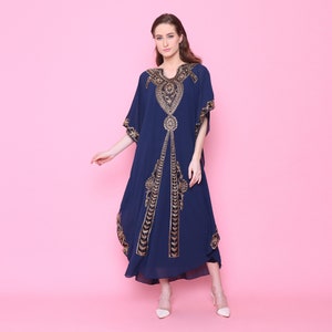 Navy Chiffon Caftans For Women, Embroidered Batwing Sleeve Kaftan, Caftan Maxi Dress, Caftans For Women, Chiffon Caftans