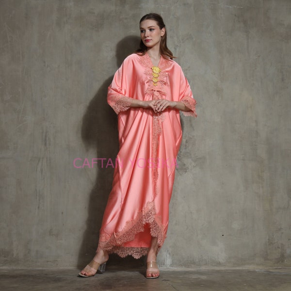 Kaftan Satin Seide Spitze, Plus Size Maxi Kleid/Maxi Kaftan/langes ärmelloses Kleid/rosa Pfirsich Kleid/Satin Seide Kleid/Party Kleid