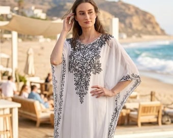 Vestido caftán de gasa blanca con bordado, vestido de maternidad