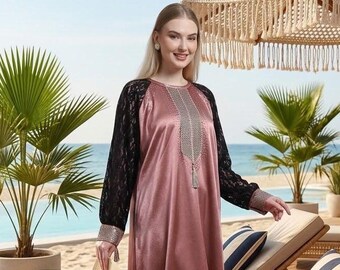Luxe zijden abaya-jurk, resortkleding van pure zijde, elegante zijden maxi-jurk voor dames, boho-zijden kimono-gewaad, zijden loungewear-jurk