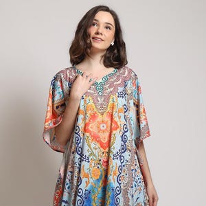 Orange Blue Pastel Kaftan Floral Dress Wedding Full Length, Resort Wear Kaftan Cruise Trip Vacation Dress Resort Caftans Silk Blended
