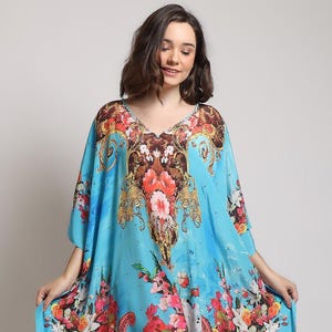 Elegant Caftans Blue Pastel Caftans Beach Wedding Guest Dress, Silk Caftans Custom Length, Gift For Mom, Cruise Trip Caftans Dubai Silk Gown