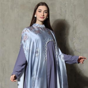 Dress Blue for Women Abaya with Inner Dress 2 Piece Set Eid Muslim Party Abaya Vacation Dress Beach Wear, Plus Size Clothing
