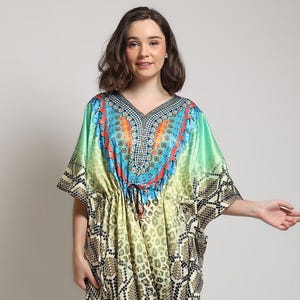 Green Caftan Yellow Abstract Print Theme Caftans Event, Caftans Evening Dress Cruise Gown Holiday Dubai Trip, Summer Caftans Resort Wear