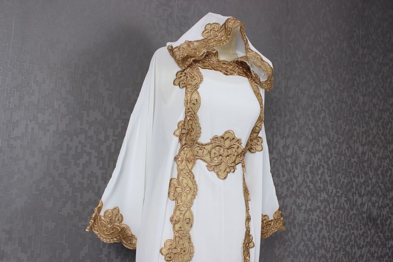 white and gold kaftan