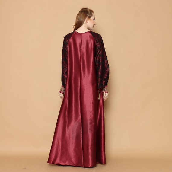 Abaya Casual Satin Maxi Dress Abaya Maroon Red Vintage Dress, Casual Boho  Plus Size Maxi Dress