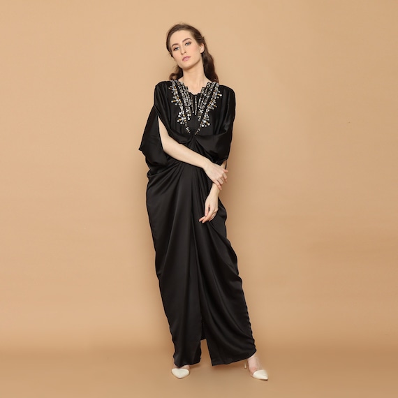 Robe longue noire élégante, robes de soirée noires, robe caftan