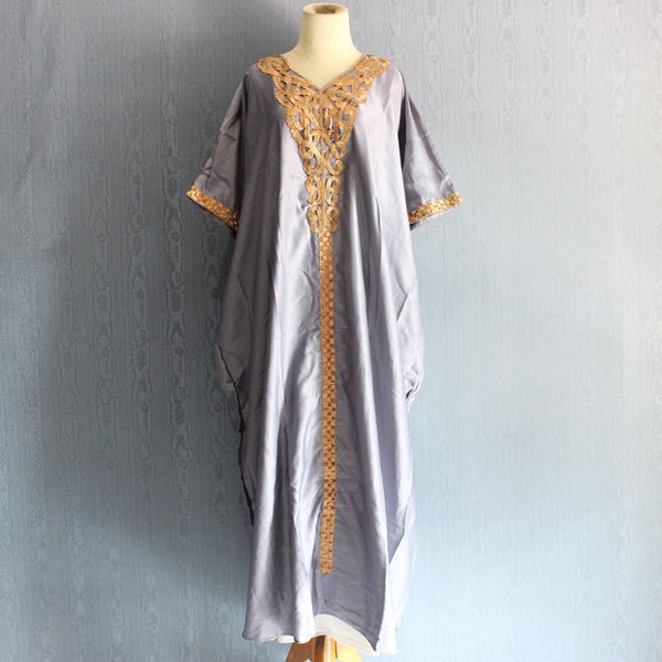 Morrocan Inspired Kaftan Dress, Grey Ethnic Satin Dress, Tribal Summer Caftan Dress, Embroidery Dress , Gray Satin Maxi Kaftan Dresses