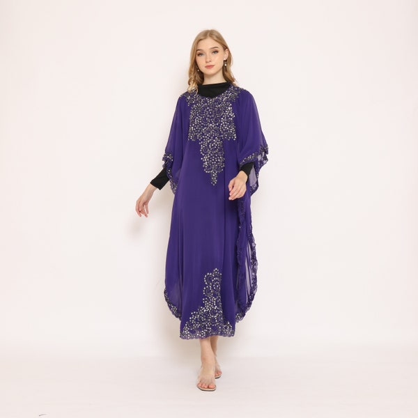 Bleu Kaftan Maxi Dress Dubaï Abaya Boho Sequin Robe caftan marocain Tenue de soirée Maxi Or Broderie Robe