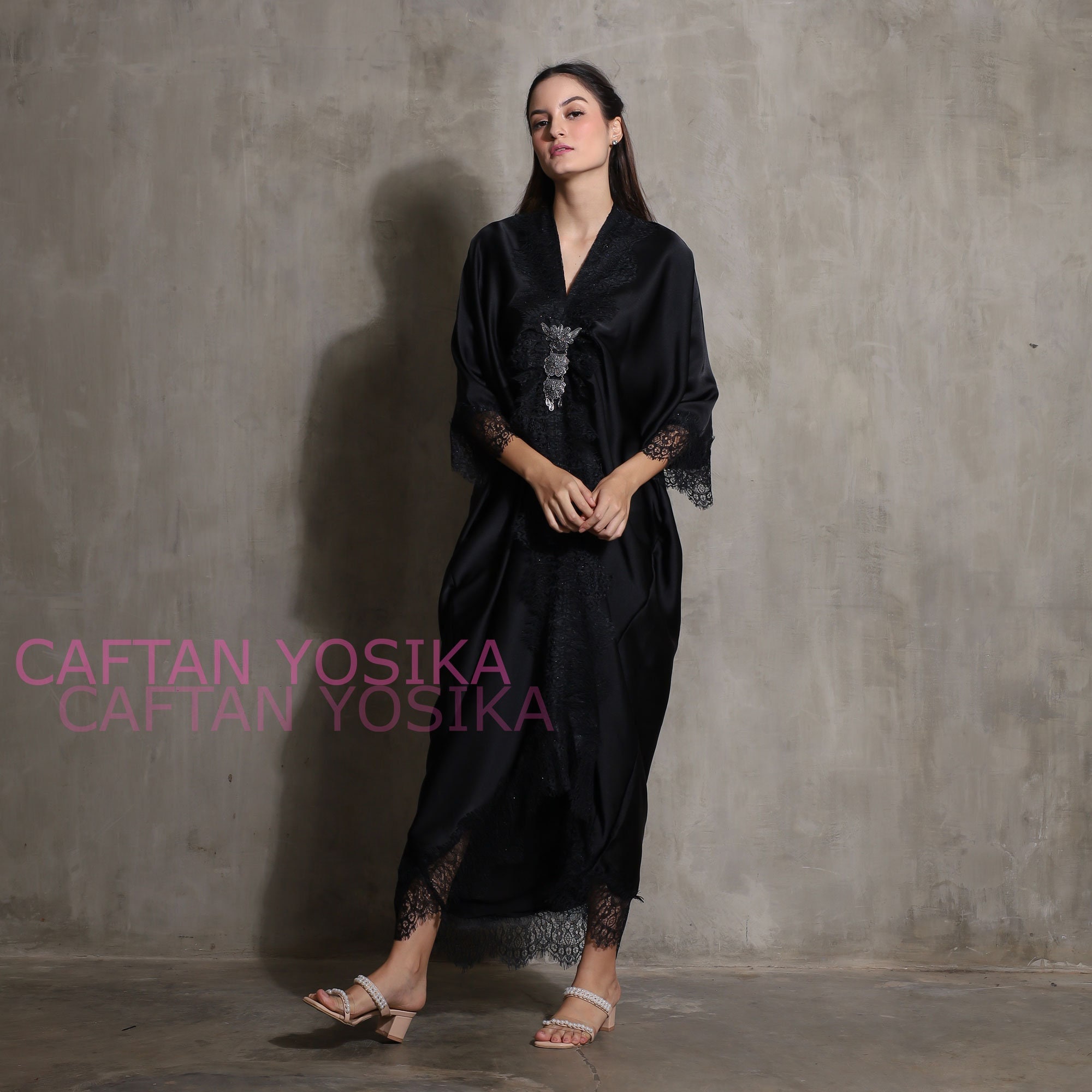 Satin Lace Kaftan Dress, Elegant Maxi Abaya