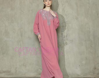 Pink Chiffon Abaya Dress, Bohemian Beach Swim Cover Up