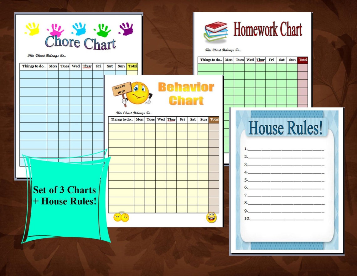 Set of 3 Kids Charts Chore Chart, Plus House Rules Chart, Homework ...