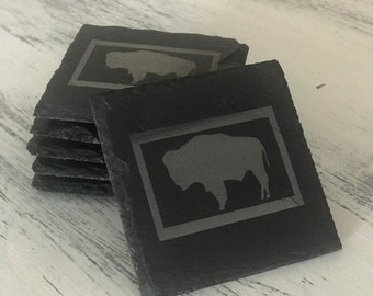 Wyoming State Flag Slate Coasters, Buffalo Bison Engraved Stone Coaster Set of 1, 4 or 6, Wyoming Gift, Cabin Bar Decor, Housewarming