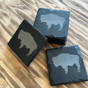 Square Buffalo Slate Coaster Set of 6 / Wyoming Flag / Buffalo / 307 / Cowboys