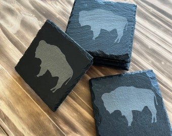 Buffalo Slate Coasters, Set of 6, Bison Engraved Stone Coaster Set, Rustic Cabin Bar Decor, Western Gift, Wildlife Lover Housewarming