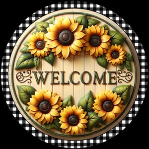 Corona de bienvenida, cartel de bienvenida con girasoles, cartel de otoño, girasoles otoñales, cartel en blanco y negro, decoración otoñal para el hogar.