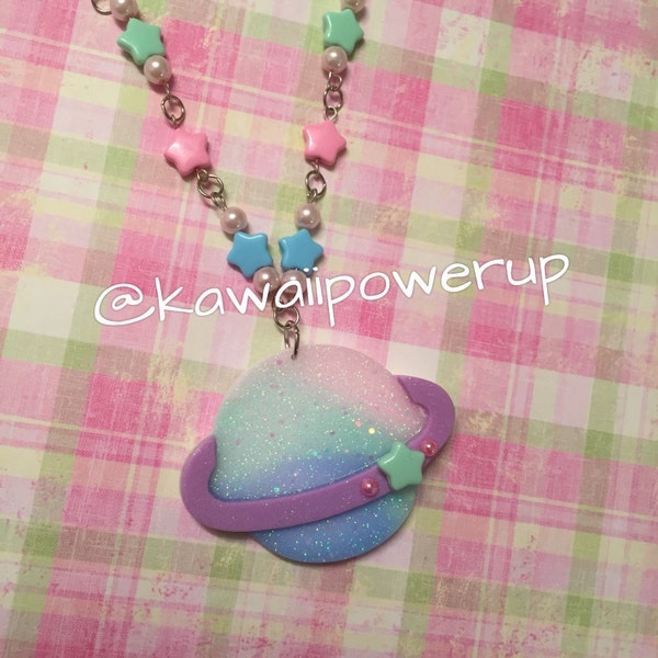 Fairy Kei Saturn Necklace by KawaiiPowerUp (exclusive) (purple with multi color sea foam green, light pink and light blue)