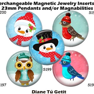 May include: Interchangeable magnetic jewelry inserts for 23mm pendants. The image shows five round inserts with winter-themed illustrations: a snowman, a robin, an owl, and two birds. The inserts have a light blue or pink background with snowflakes.