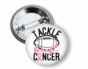 Tackle Breast Cancer With Football - Pink Ribbon Breast Cancer Awareness Pinback - 1.5" Button Pin
