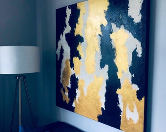 Large Modern Wall Art Original Abstract Painting on Canvas: Navy and Gold 40x40"