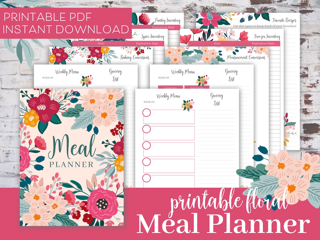 Printable Floral Meal Planner, Meal Planning Binder, Digital Meal ...