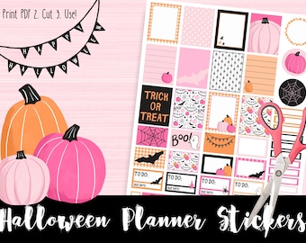 Printable Pink Halloween Planner Stickers, Halloween Planner Printables, Printable Planner Stickers, Pink Orange Black Printable Stickers