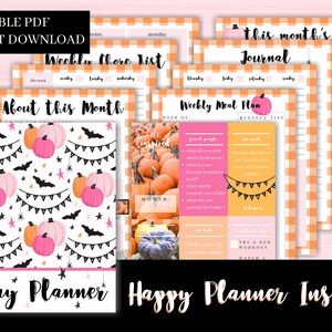May include: Printable Halloween-themed planner inserts with a pink and orange gingham pattern. The inserts include a weekly chore list, a weekly meal plan, a journal, and a day planner. The day planner features a cute pumpkin and bat pattern.