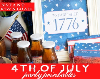 4th of July Party Printables, Patriotic Party Printables, USA Printables, Fourth of July Party, American Flag Floral, 4th of July Decor