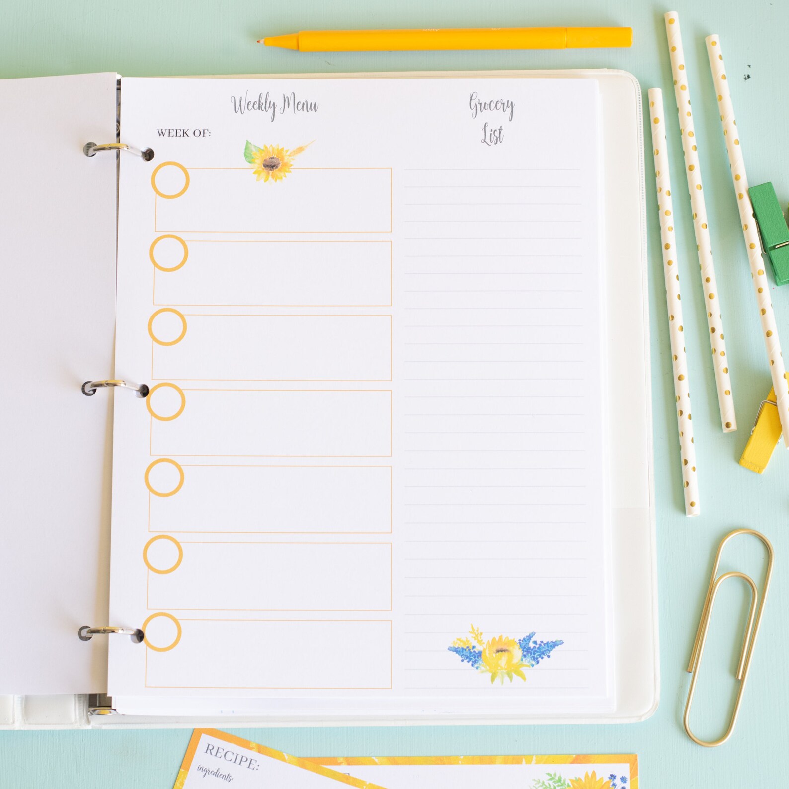 Printable Sunflower Meal Planner: Binder Template (digital Download) - Etsy