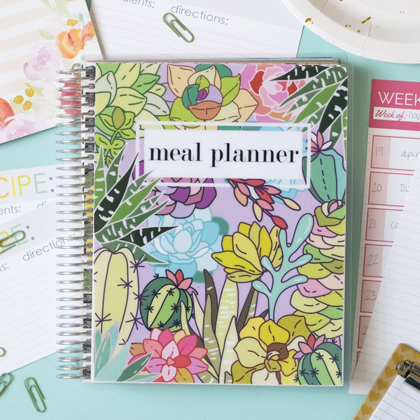 Carrie Elle Meal Planner, 7x9 Meal Planner, Succulents Meal Planner, Meal Plan Journal, Meal Planner with Coil, Perforated Grocery List