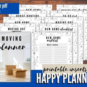May include: A printable moving planner with 14 pages. The planner includes checklists for house hunting, moving out expenses, moving out to-do list, new home checklist, and new home wishlist. The planner has a white background with a black and white house pattern.