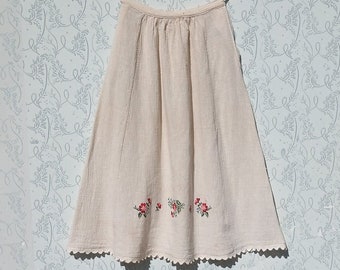 Gauze Peasant Skirt with Embroidery, 70s Raw Cotton Cream Midi Skirt, Embroidered Prairie Skirt