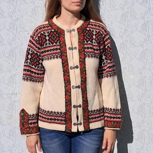 Norwegian Unisex Wool Knit Sweater Cardigan Frog Closure Floral Embroidery