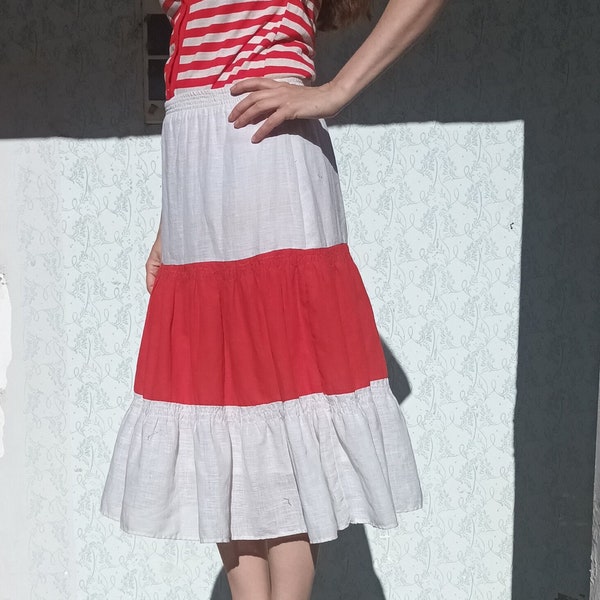 70's Ruffle Cotton Midi Skirt, Vintage Red White A Line Midi Skirt