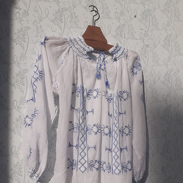 Embroidered long sleeve blouse, sheer peasant blouse