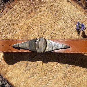 Brown Leather Belt Vintage Waist Belt with Large Bronze Buckle 70s Belt