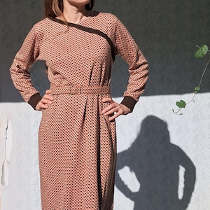 Wool Dress with Belt 80s Geometric Sweater Dress Long Sleeve Cozy Autumn Winter Dress