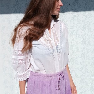 Austrian Dirndl Blouse White Lace Trachten Blouse with 3/4 Puffy Sleeves