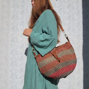 Vintage Bunte Sisal Leder Tasche Große Schultertasche für Sommer Strand Tasche Urlaub Tragetasche
