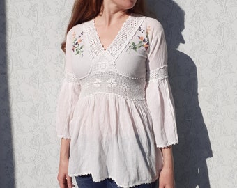 70s Gauze Peasant Blouse with Embroidery, Romantic Embroidered Top, Bell Sleeves