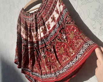 Mini-jupe indienne en rayonne à imprimé block vintage des années 90 - couleurs terreuses vibrantes