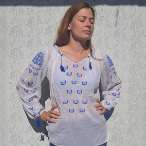 Peasant Blouse Embroidered Gauze Blouse Vintage Summer Top Long Sleeve Sheer Blouse