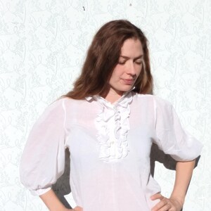 White Blouse Ruffle Neck Blouse Vintage Cotton Frill Secretary Blouse with Puffy Sleeves