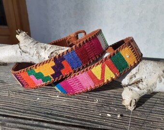 Boho Ledergürtel, bunt gewebter Ledergürtel für Frauen mit Blumenmotiven