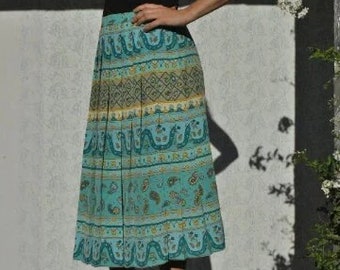 90s Blue Golden Baroque High Waist Pleated Midi Skirt